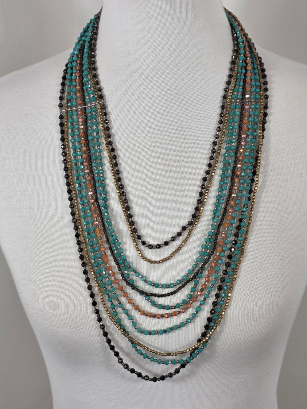 Nakamol Multi-Strand Layered Bib Necklace Multi-Faceted Turquoise & Gold Beads